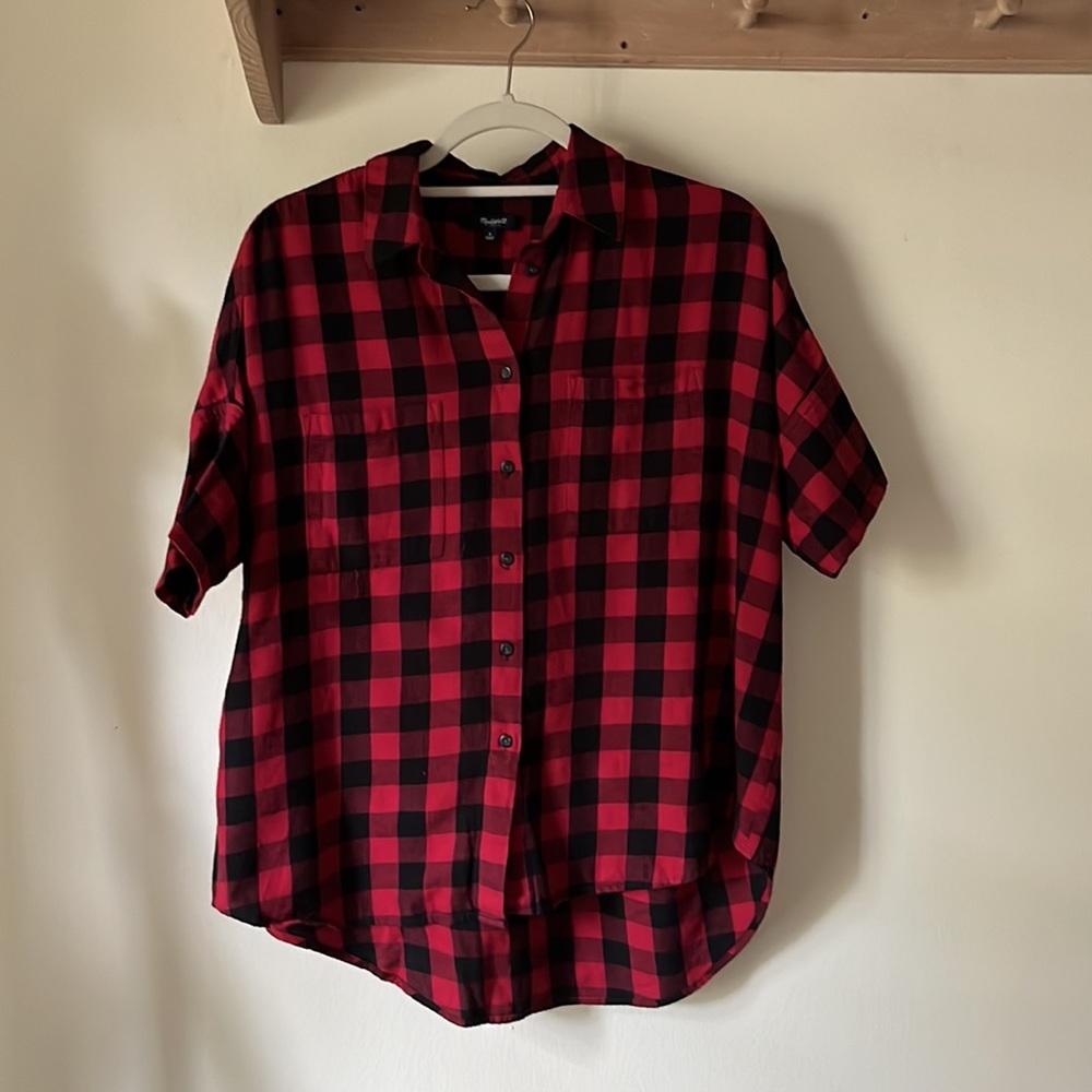 Casual Red & Black Plaid Button-Up Shirt